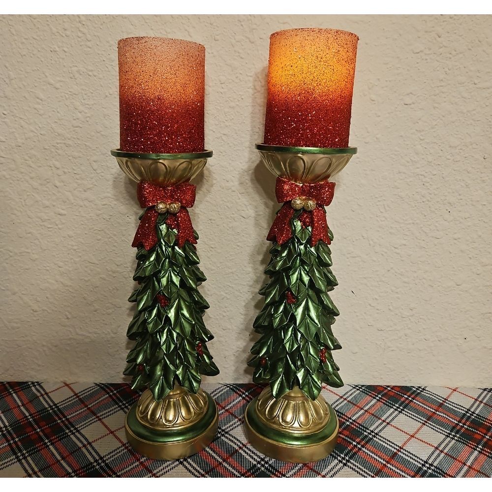 Kringle Express Set Of 2 Christmas Tree Pillars with Flameless Candles